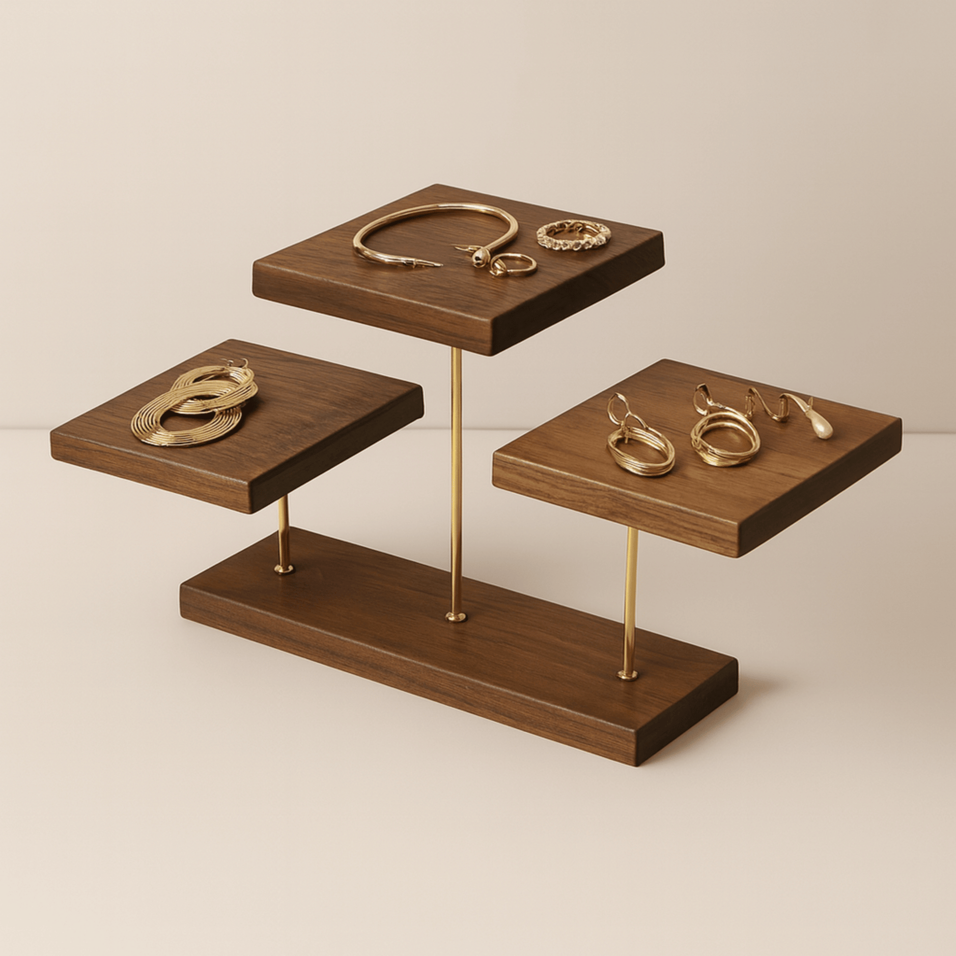 Wooden jewelry display stand with gold jewelry on a beige background