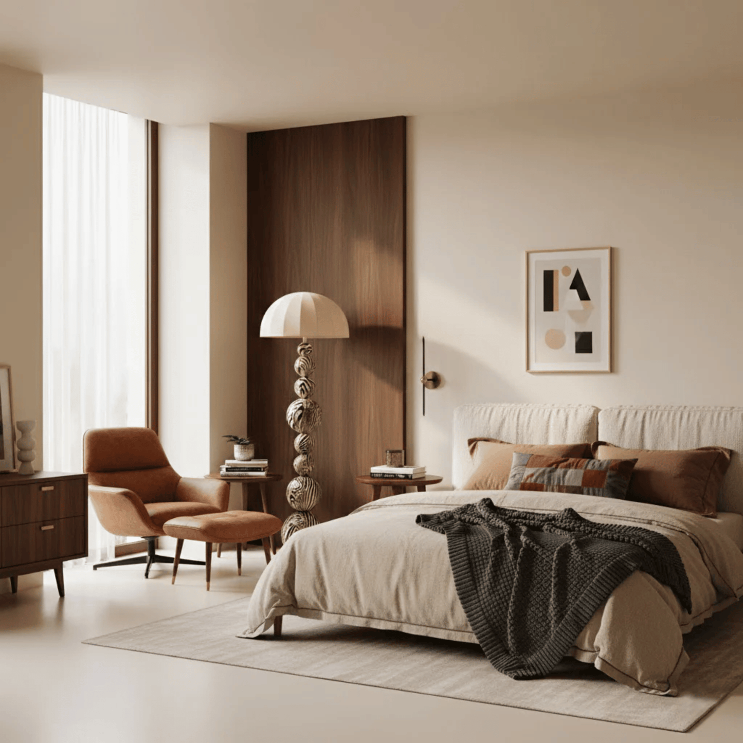 Modern bedroom with a bed, armchair, and decorative elements.
