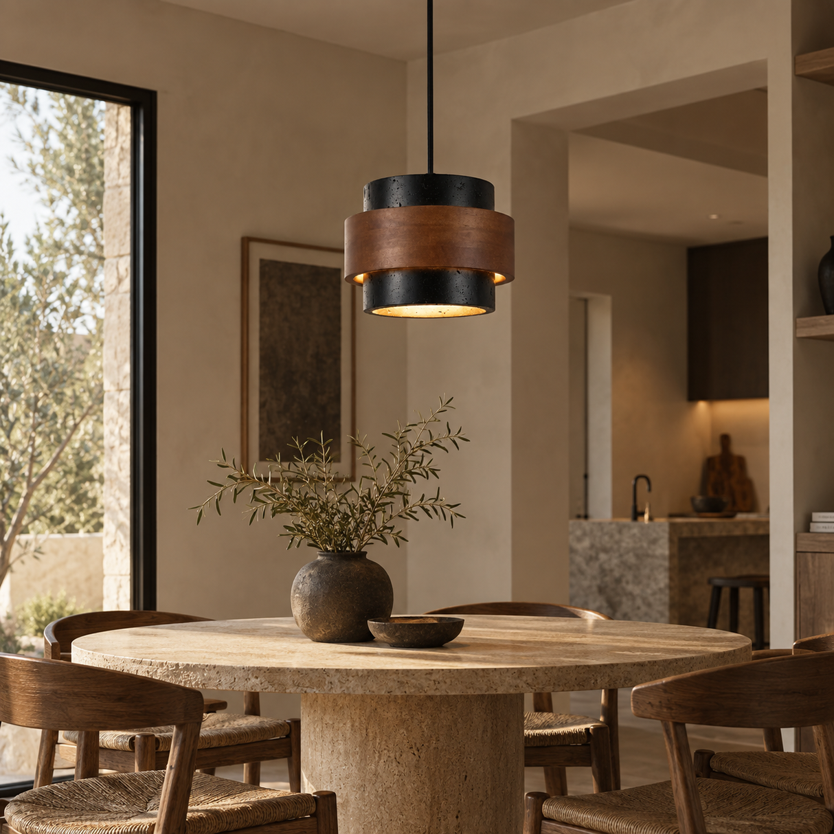 A modern cylindrical pendant light with a black top and bottom band and a warm wood-grain middle band, hanging over a round stone dining table in a neutral-toned dining room.