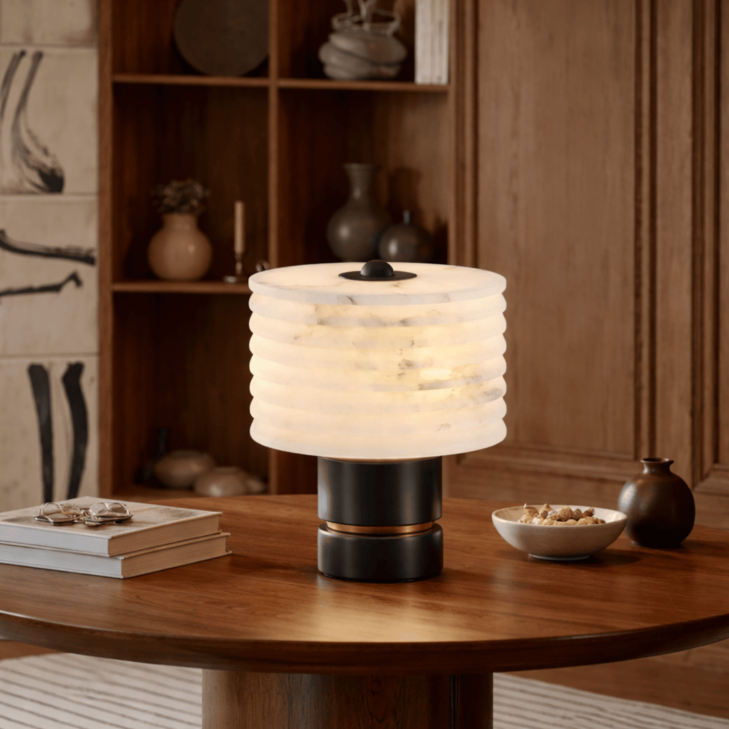 Table lamp on a wooden table with a warm and cozy atmosphere