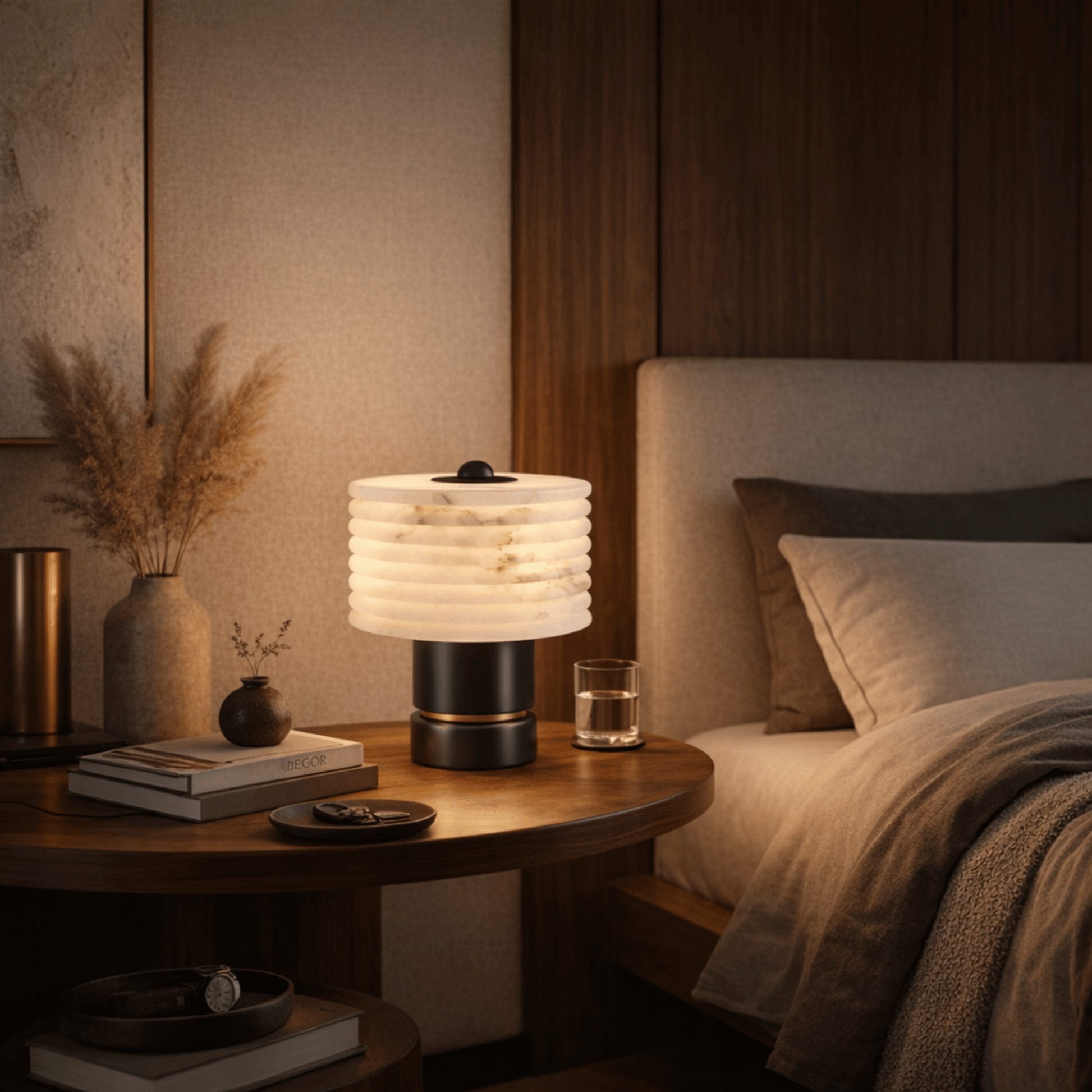Modern bedroom with a bedside table, lamp, and books.