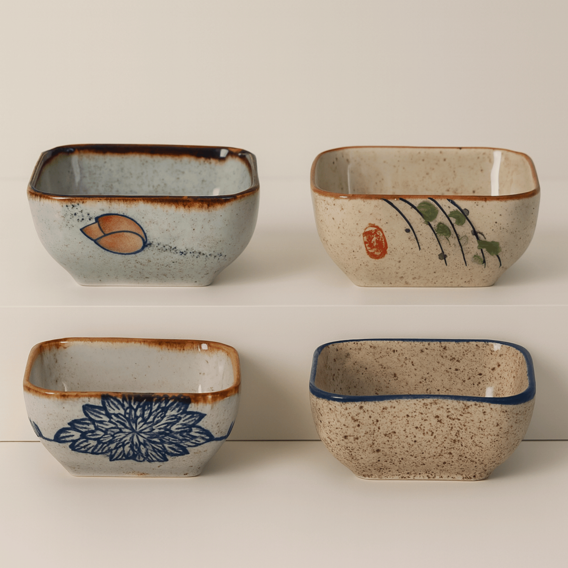 Four square ceramic bowls with decorative patterns on a white background