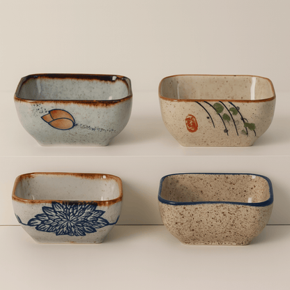 Four square ceramic bowls with decorative patterns on a white background