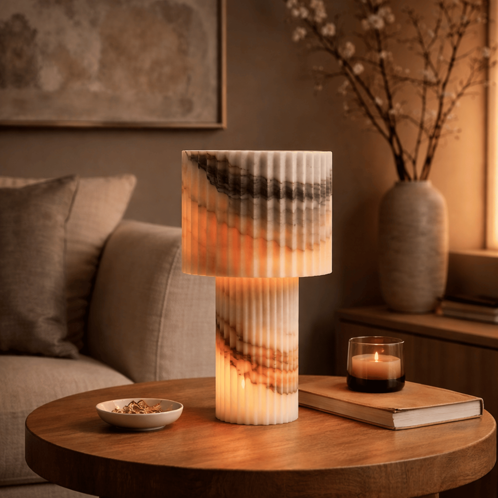 Decorative lamp on a wooden table with a candle and book in a cozy living room setting.
