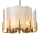Chandelier with white glass shades and gold metal frame on a white background