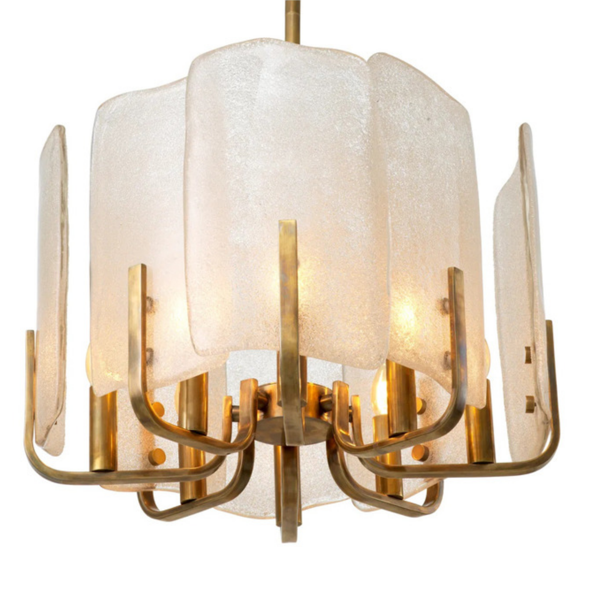 Chandelier with gold fixtures and white glass shades on a white background