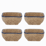 Four square ceramic bowls with speckled brown design and blue rim on a white background