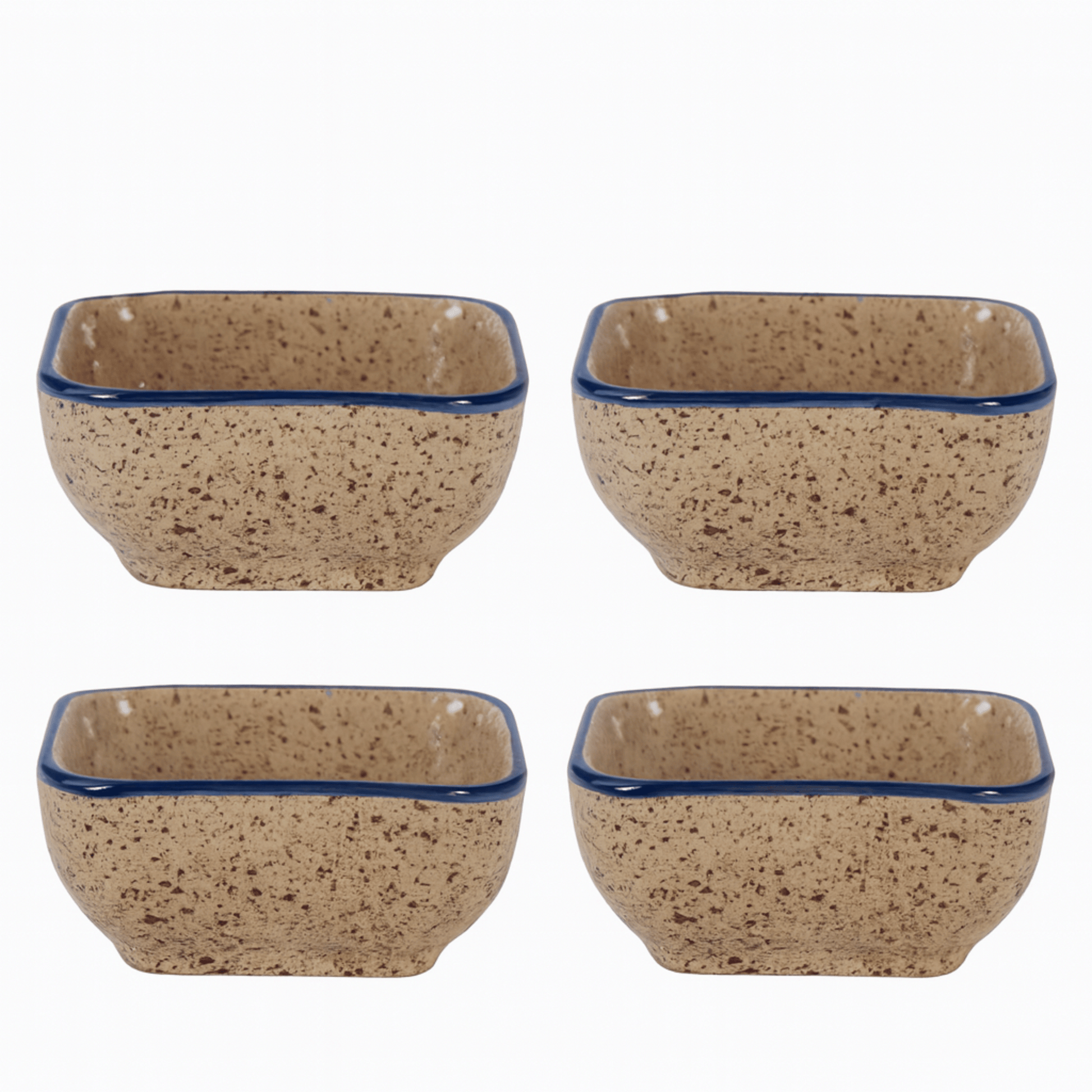 Four square ceramic bowls with speckled brown design and blue rim on a white background