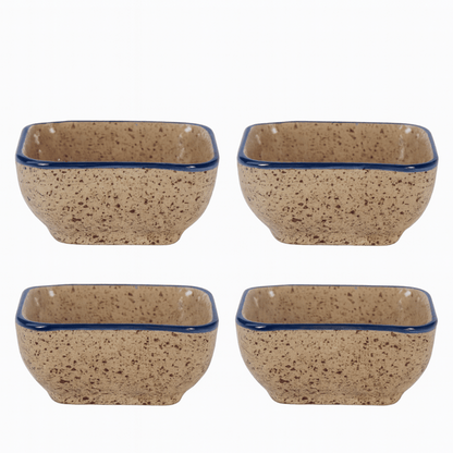 Four square ceramic bowls with speckled brown design and blue rim on a white background