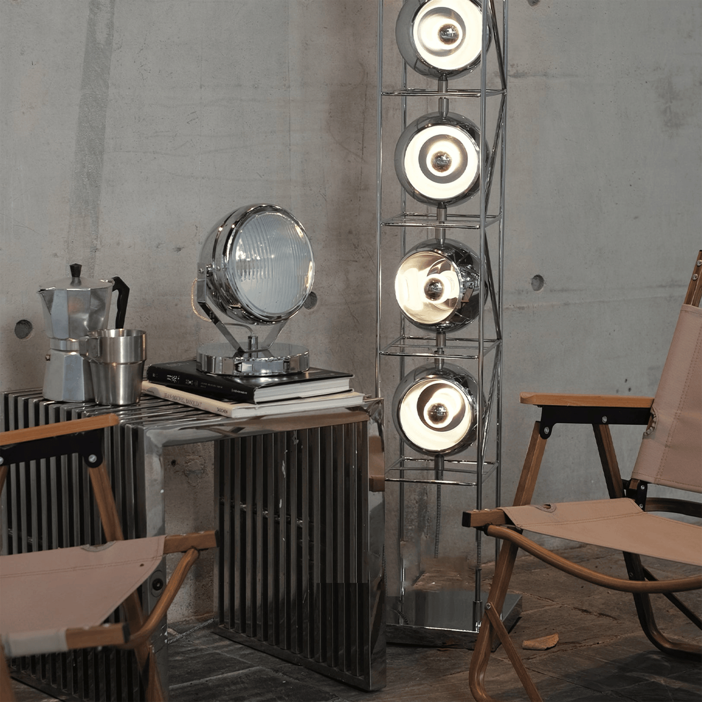 Modern interior with a floor lamp and vintage-style furniture.