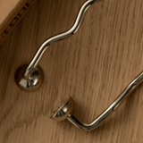 Close-up of metallic handles on a wooden surface