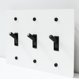 White wall plate with black toggle switches on a white background