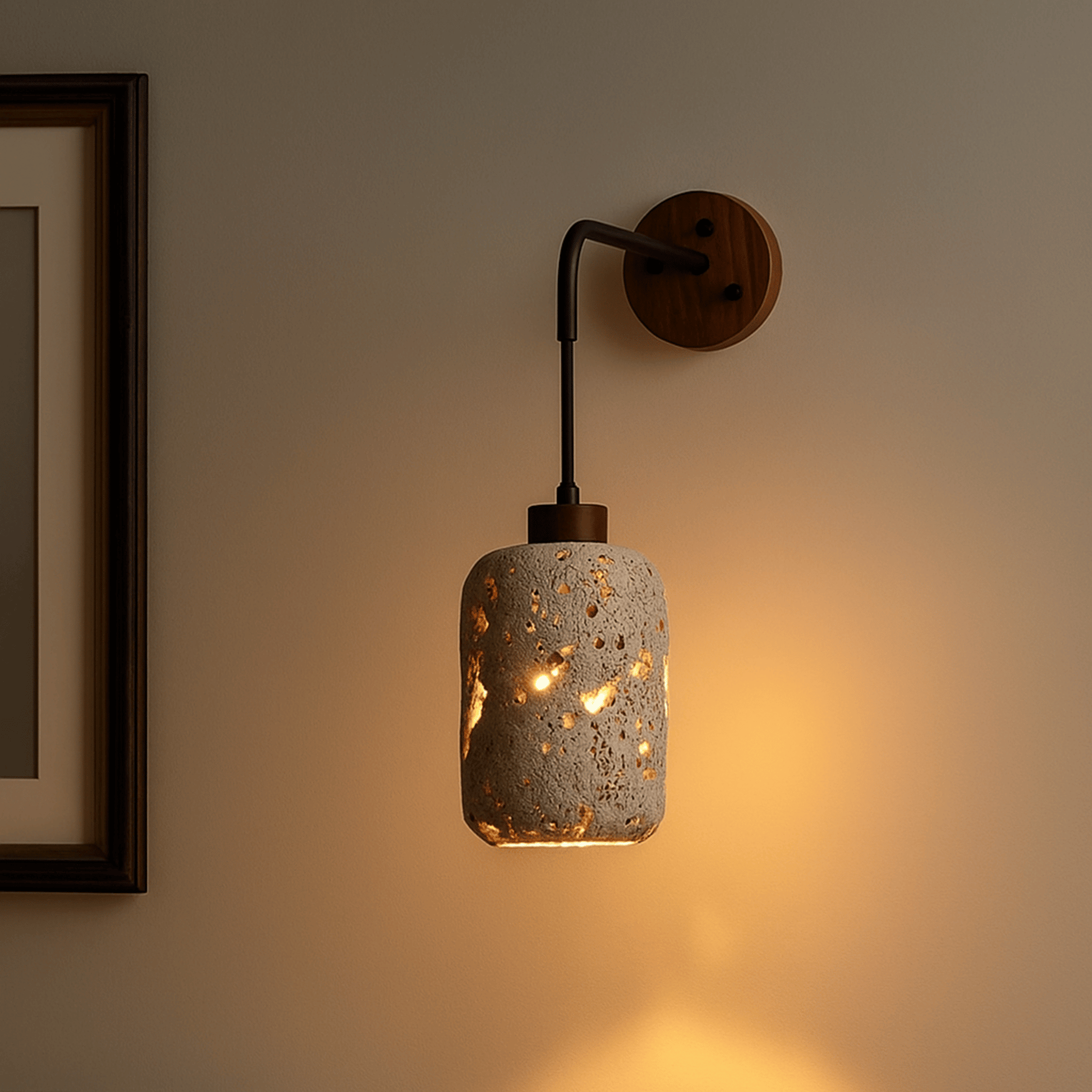 Wall-mounted lamp with textured ceramic shade on a neutral wall.