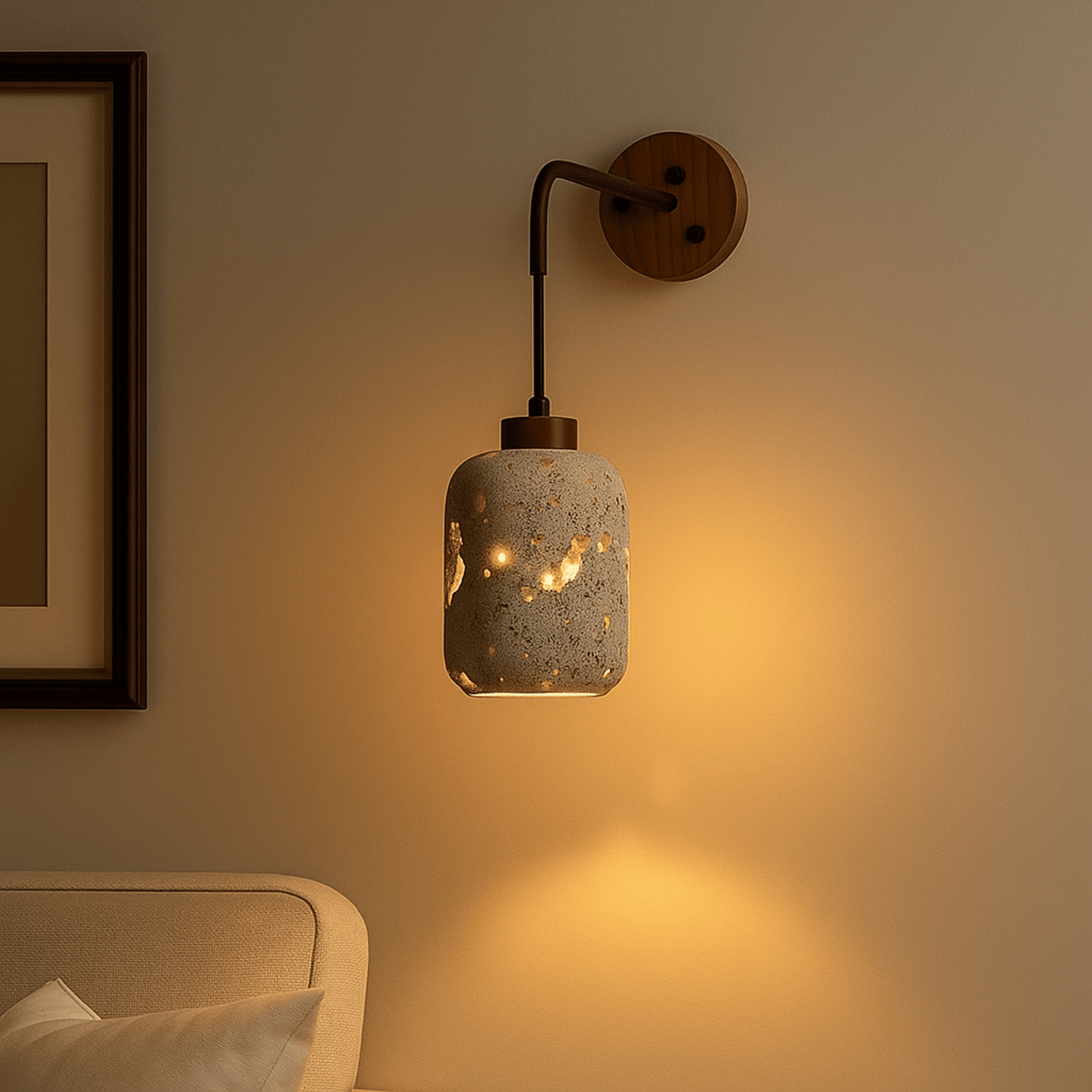 Wall-mounted lamp with a textured glass shade in a warm room setting.