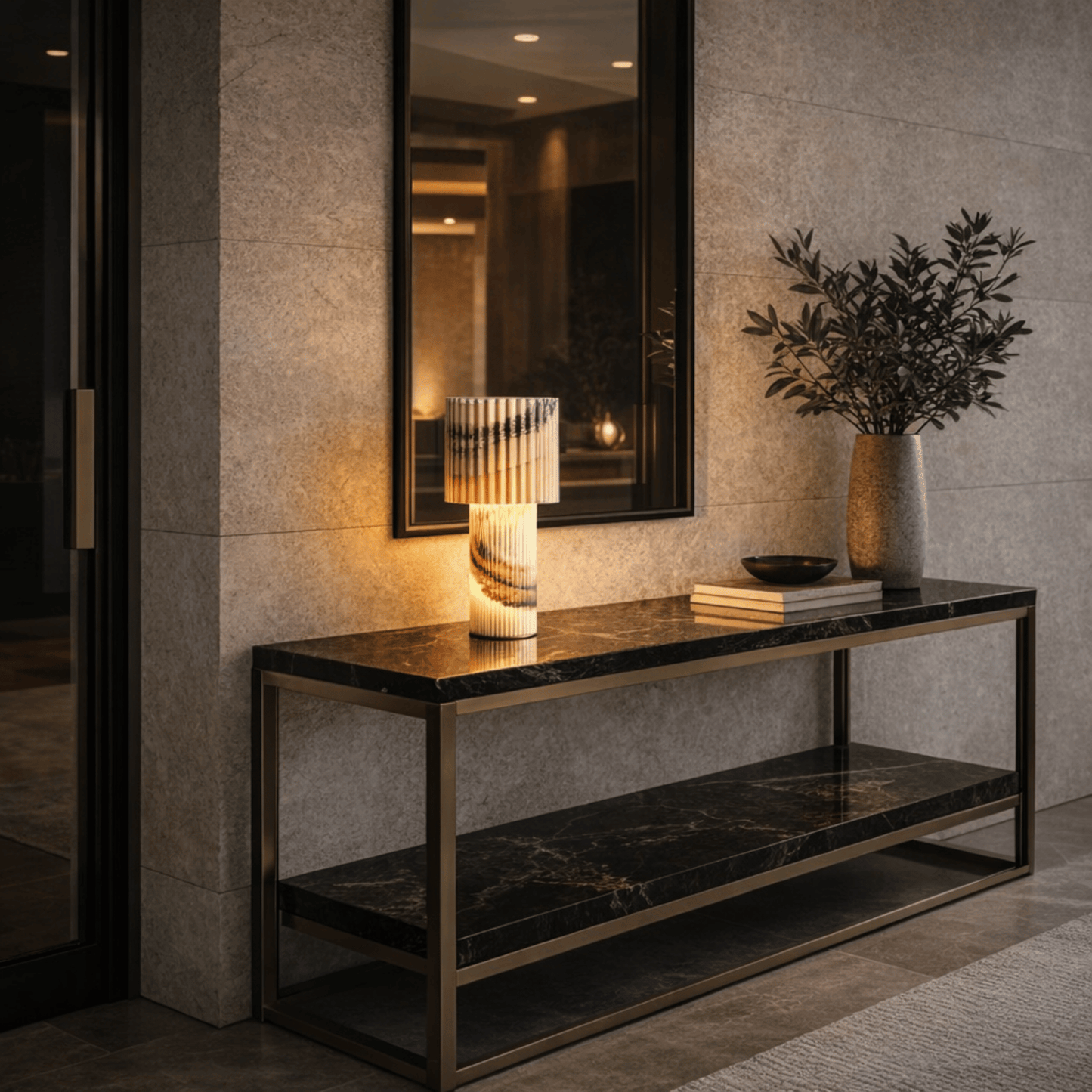Modern console table with decorative items against a textured wall.