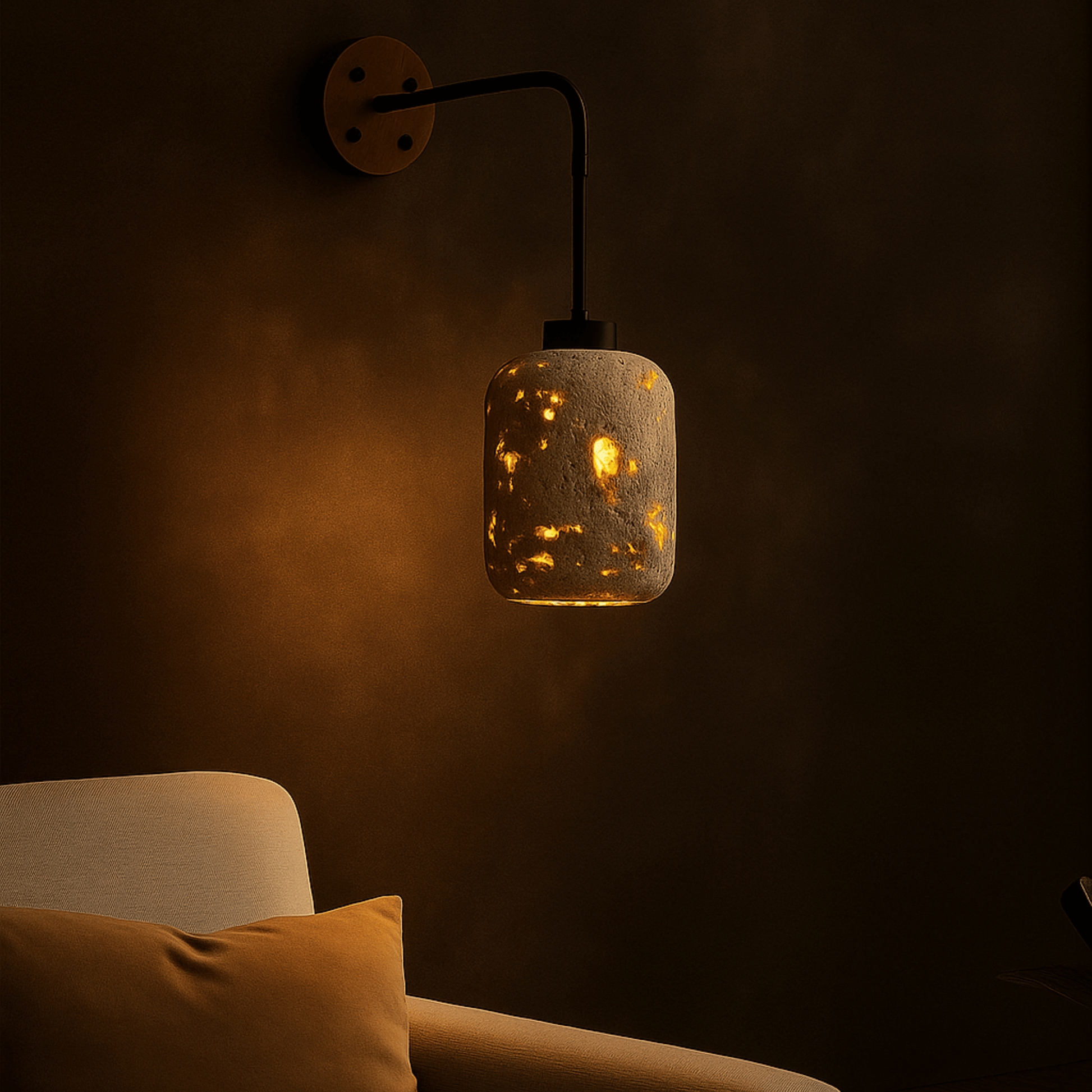 Wall-mounted lamp with textured glass shade in a dimly lit room.