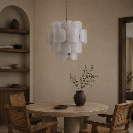 Dining room with a round table, chairs, and a modern chandelier.
