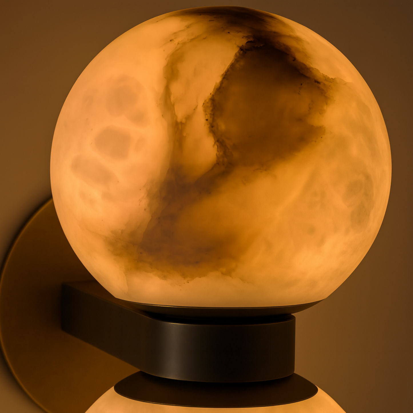 Spherical wall light with a warm glow on a brown background