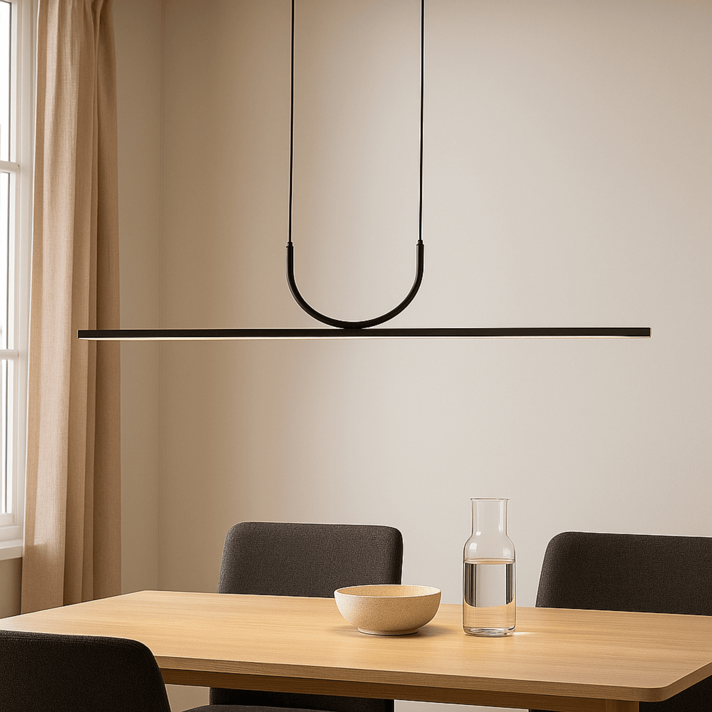 Modern black pendant light over a dining table with chairs and decor items.