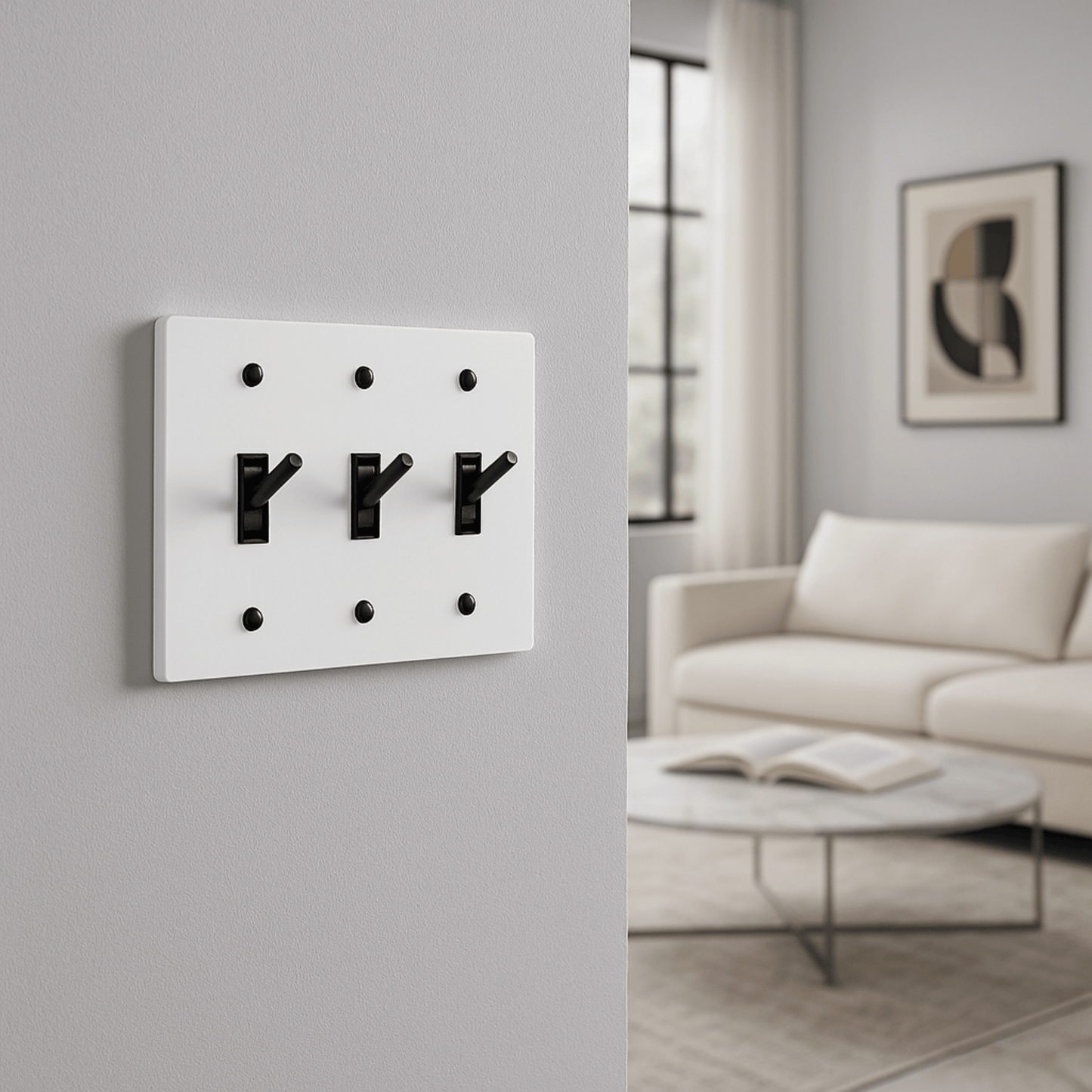Modern wall clock with black hour markers on a gray wall, living room setting.