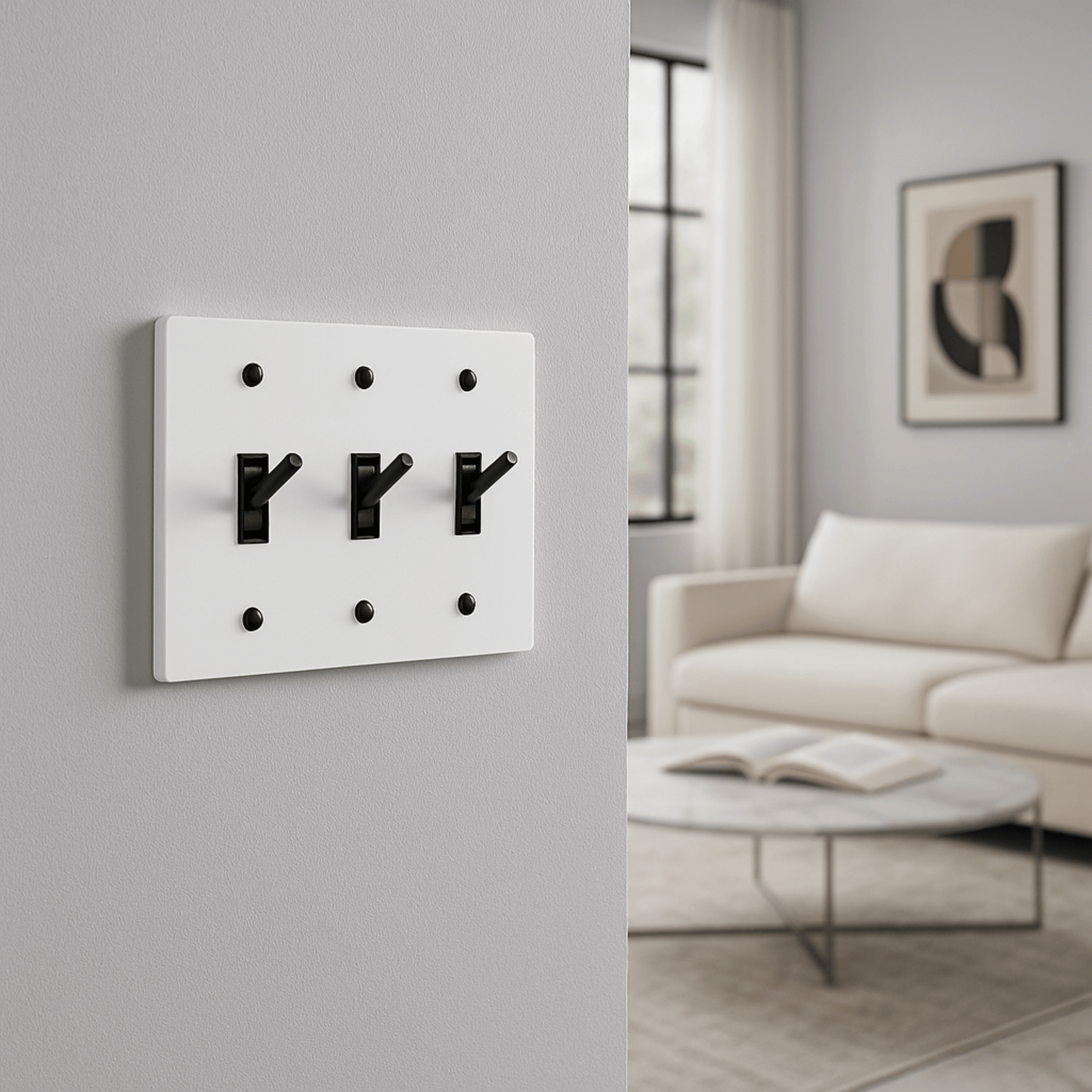 Modern wall clock with black hour markers on a gray wall, living room setting.