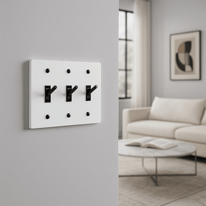 Modern wall clock with black hour markers on a gray wall, living room setting.