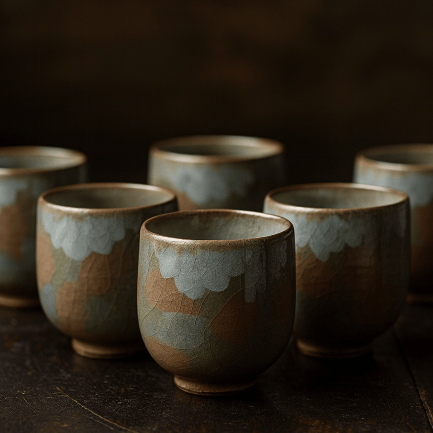 Row of ceramic cups with a textured surface on a dark background