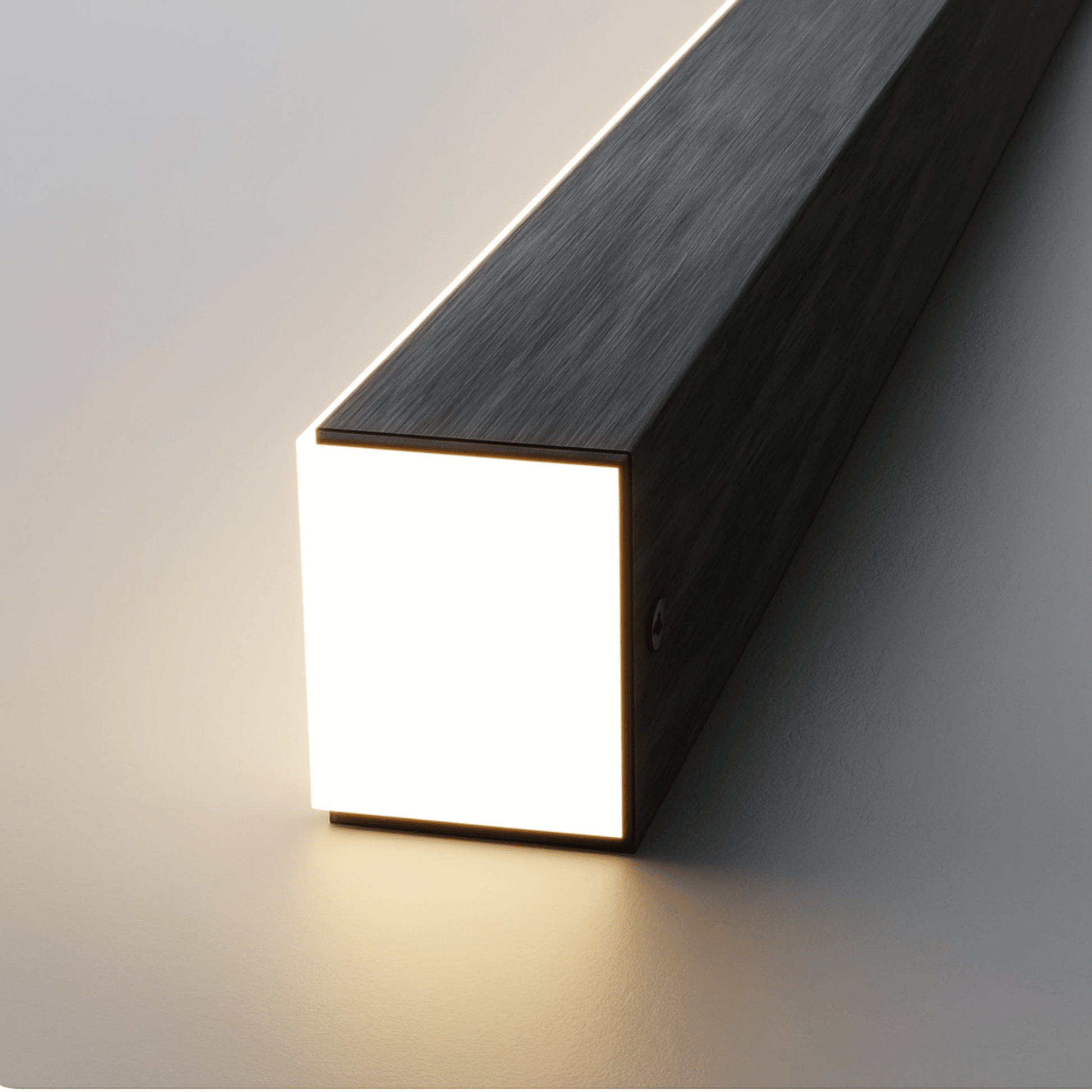 Modern wall-mounted light fixture with a dark wooden finish on a neutral background