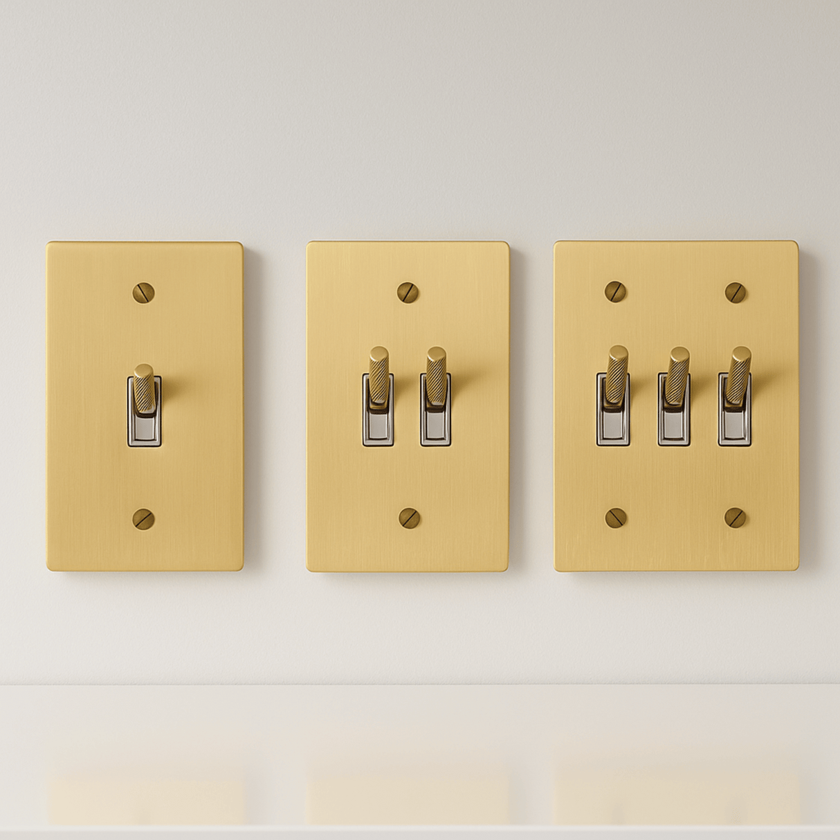 Three beige light switch covers with different numbers of switches on a white background