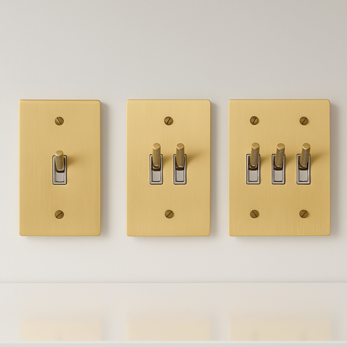 Three beige light switch covers with different numbers of switches on a white background