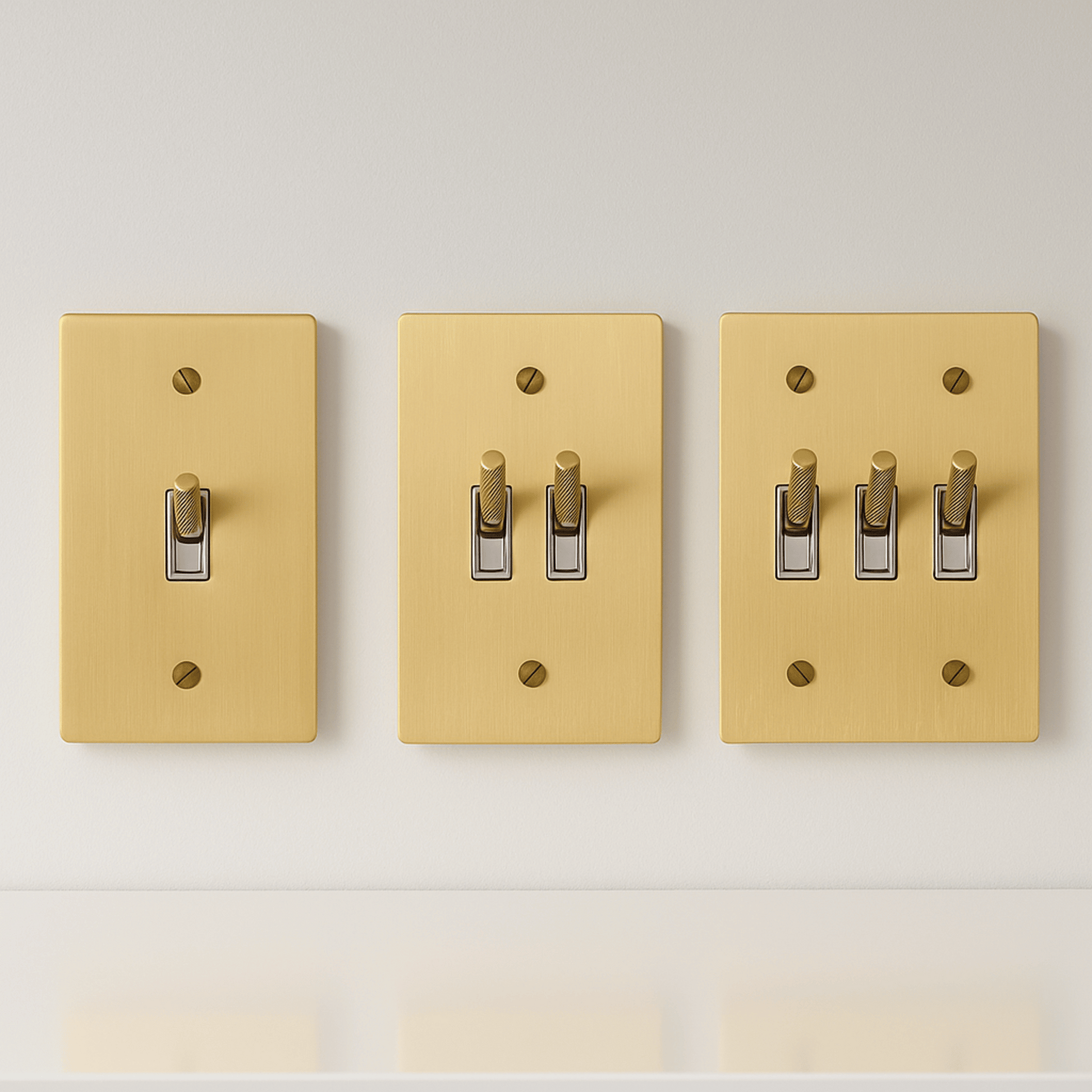 Three beige light switch covers with different numbers of switches on a white background
