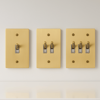 Three beige light switch covers with different numbers of switches on a white background