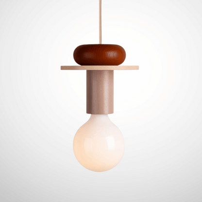Modern pendant light with wooden design on a white background
