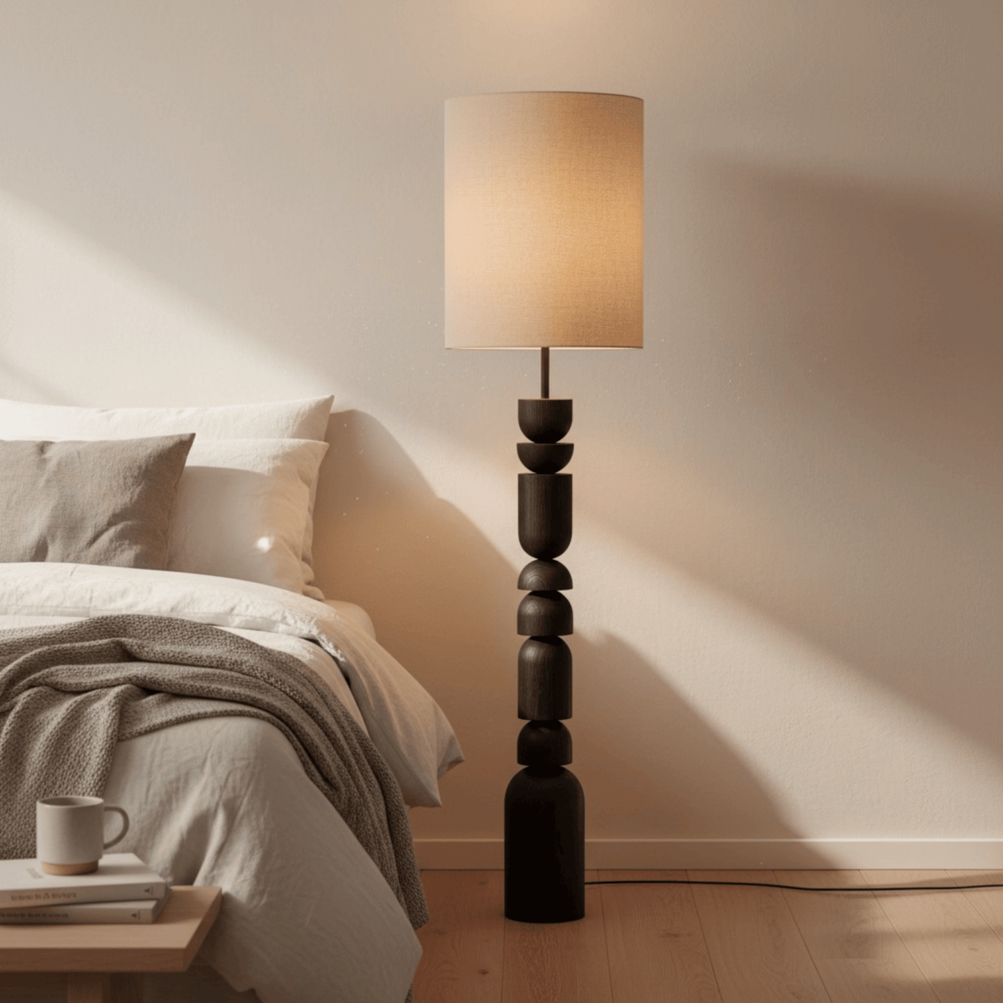 Floor lamp with a beige shade in a bedroom setting