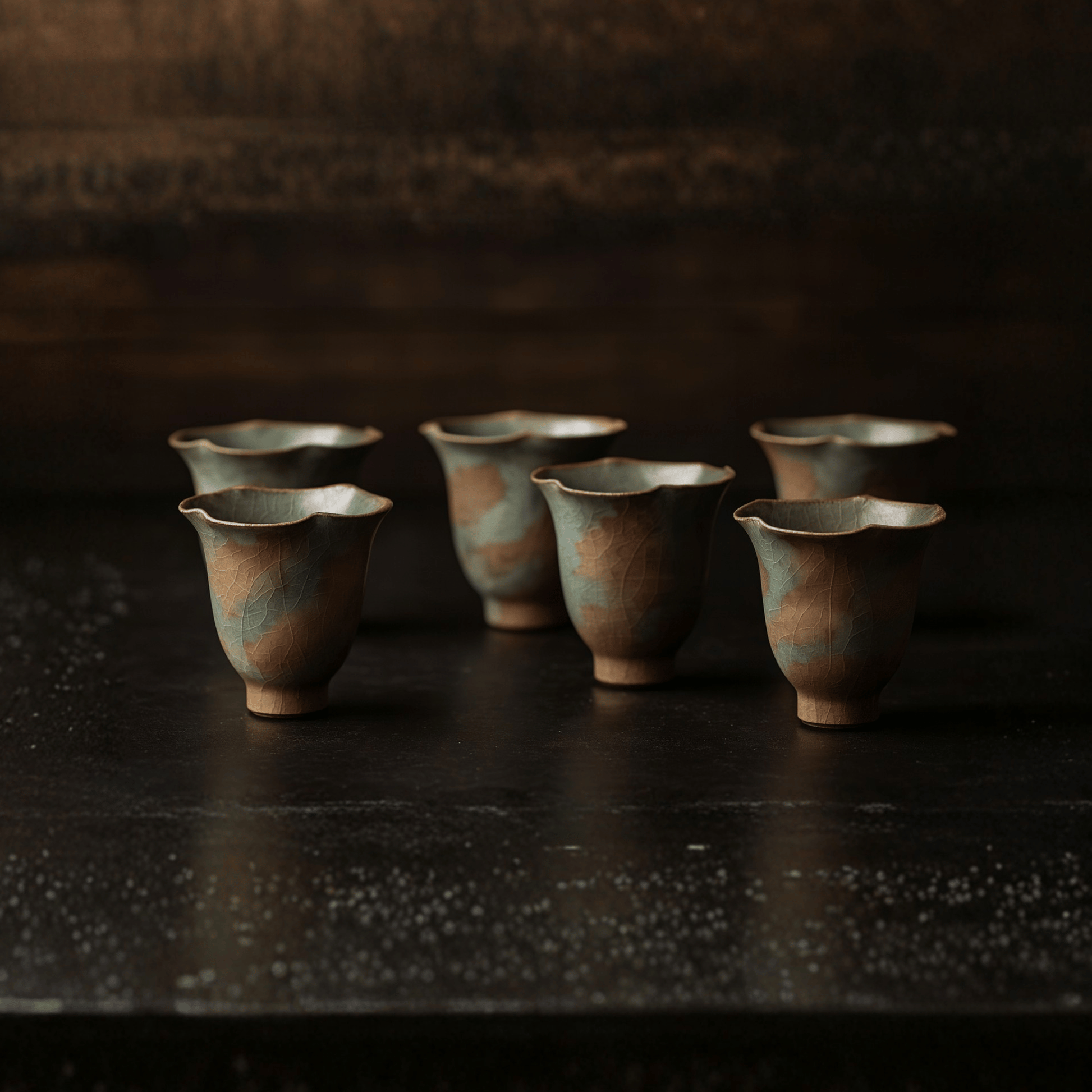 Set of six ceramic cups with a metallic sheen on a dark surface