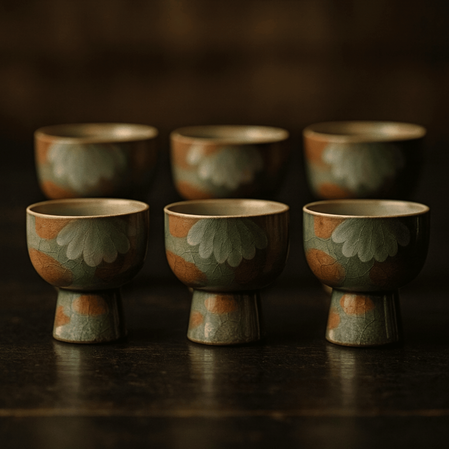Set of six ceramic cups with floral patterns on a dark surface