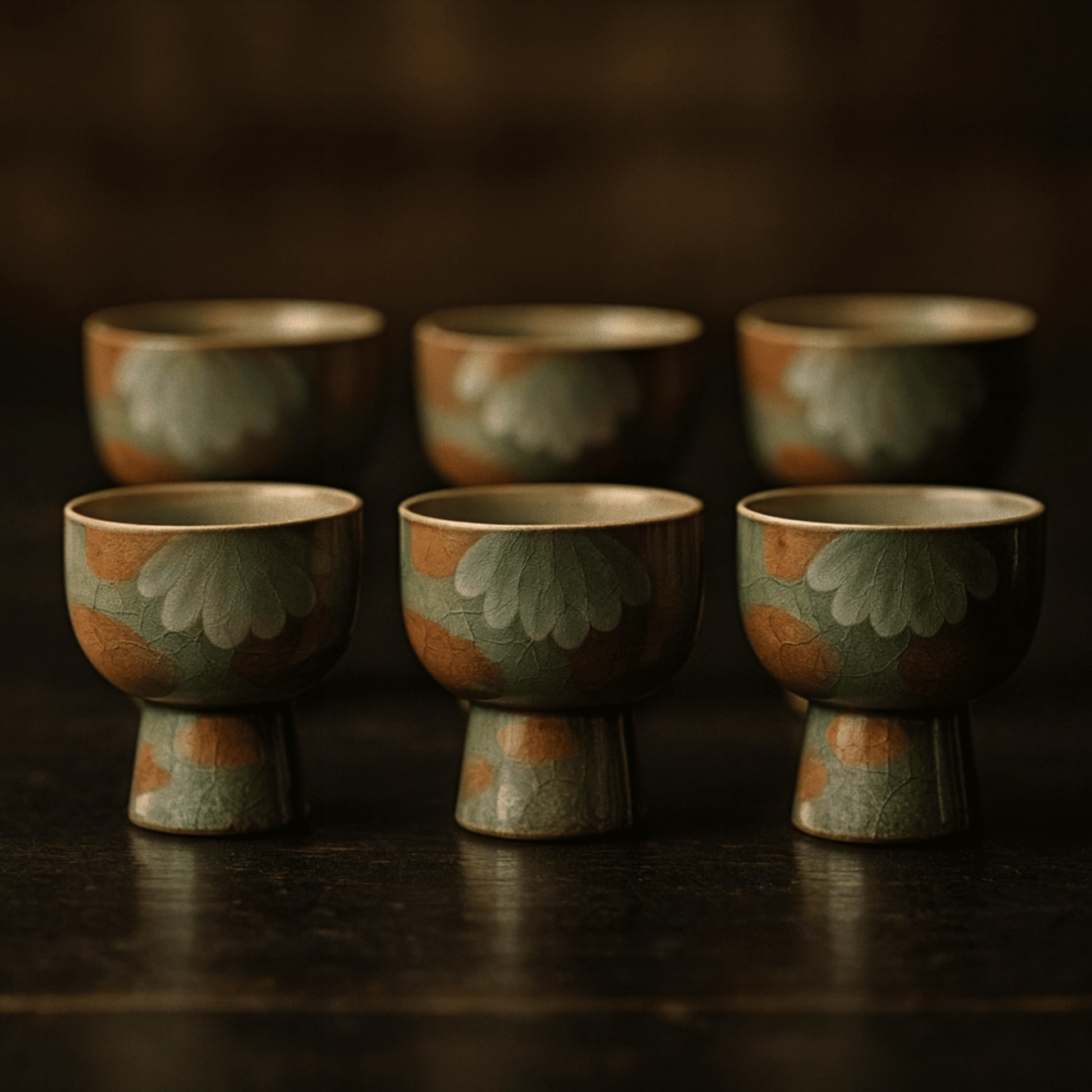 Set of six ceramic cups with floral patterns on a dark surface