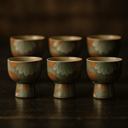 Set of six ceramic cups with floral patterns on a dark surface