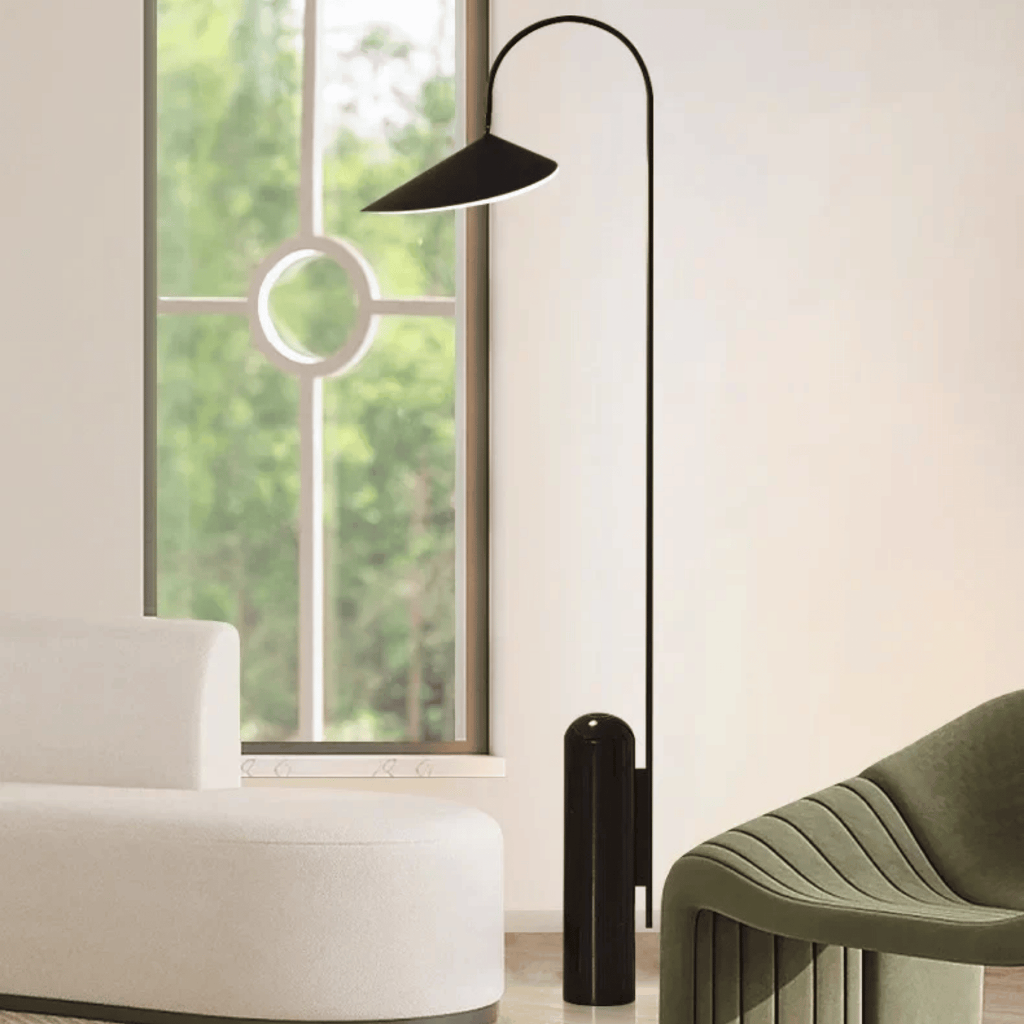 Modern black floor lamp in a room with a window and chairs.