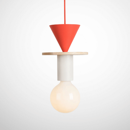 Modern pendant light with red cone shade and white base on a white background