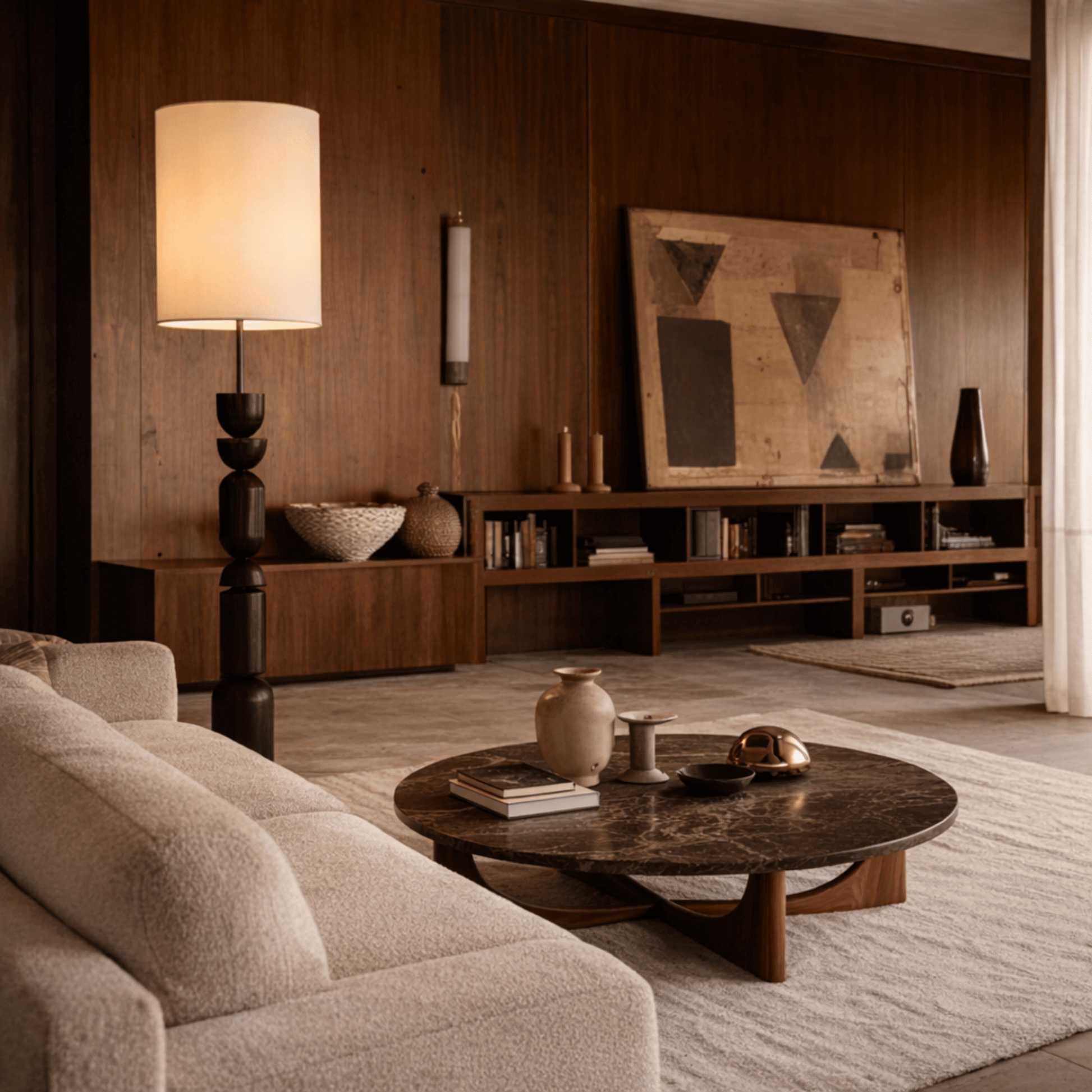 Modern living room with wooden furniture and abstract art