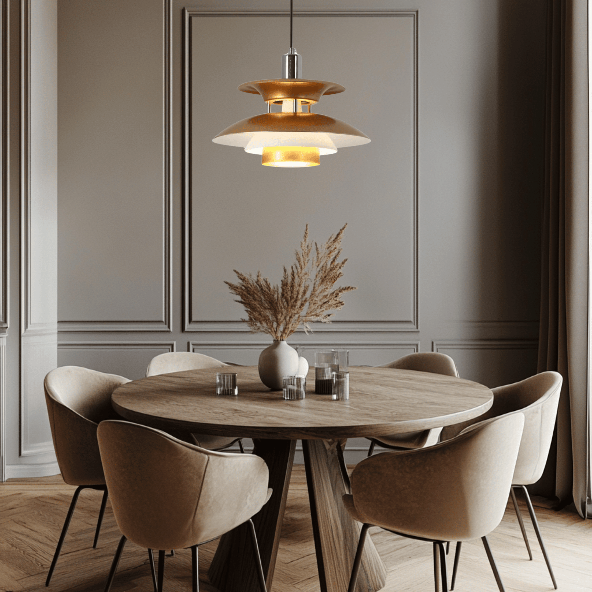 UFO design ceiling lamp in dinning room in gold color 