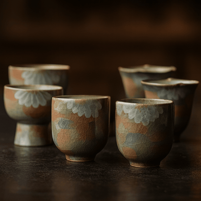 Set of ceramic cups with floral patterns on a dark surface