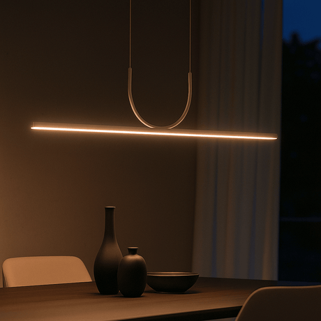Modern pendant light fixture over a dining table with decorative vases.