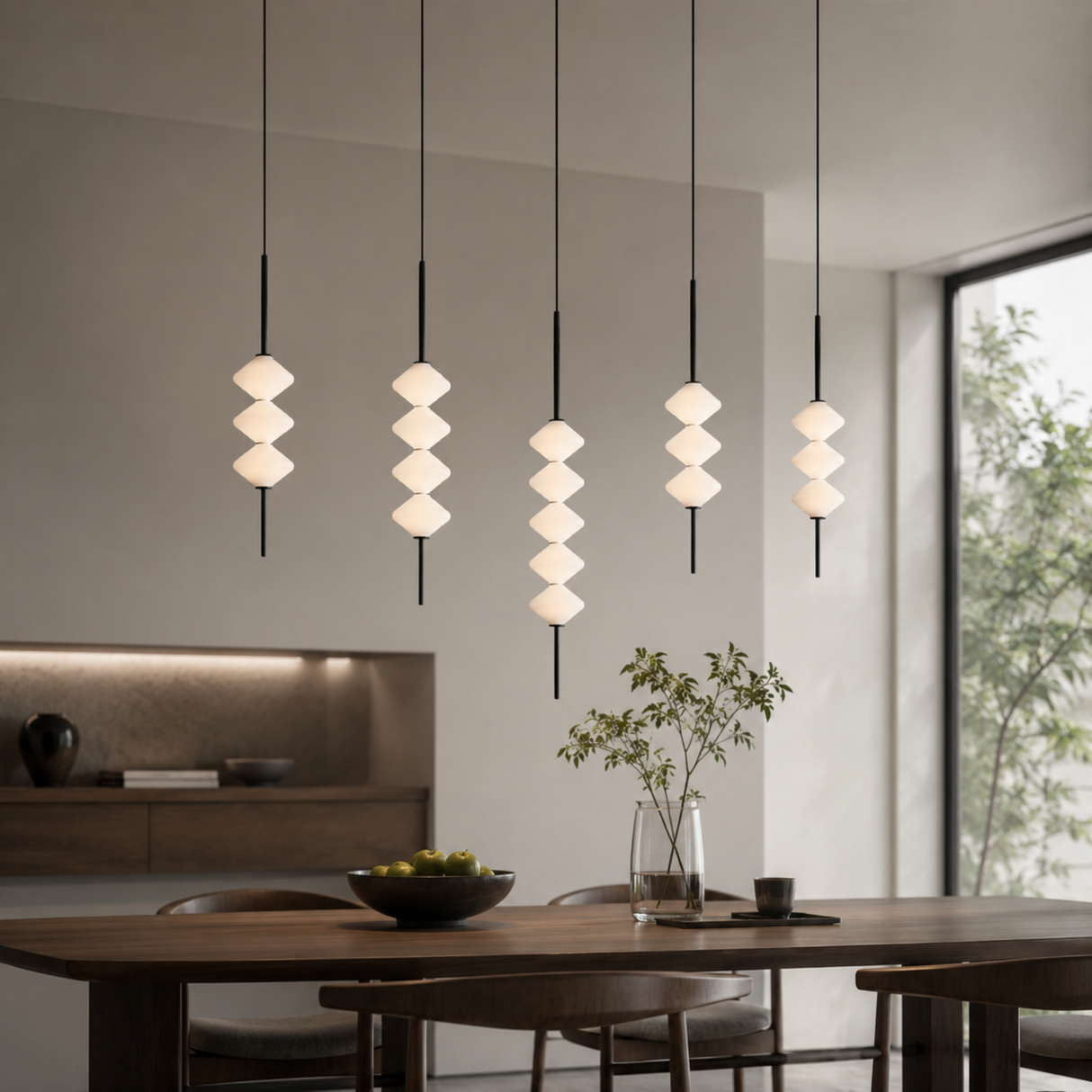 Modern dining room with hanging pendant lights and a wooden table.