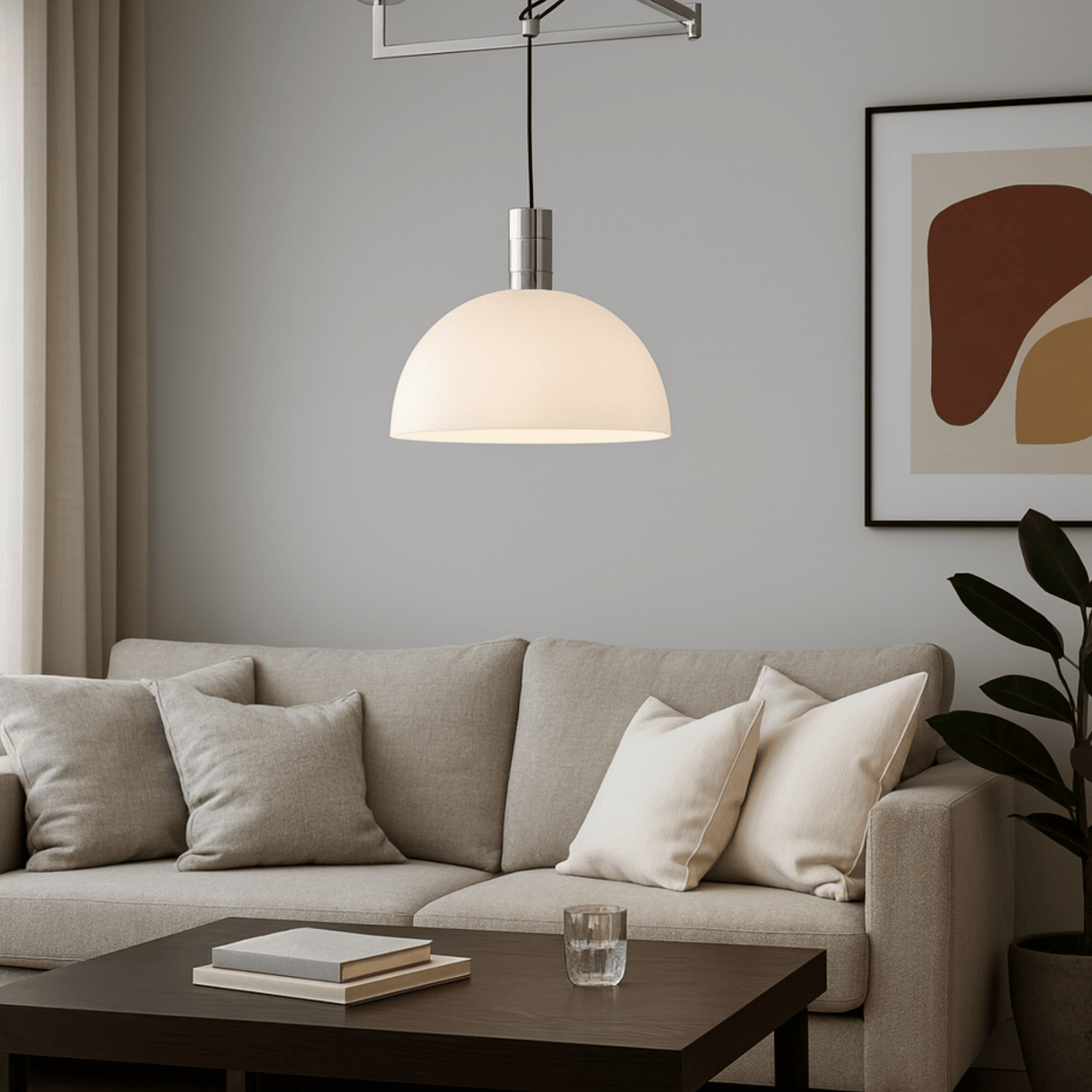 Modern living room with a gray sofa, coffee table, and pendant light.