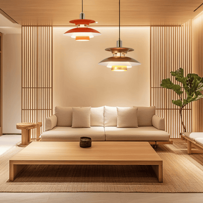 Combination of Orange and Gold UFO design ceiling lamp in peaceful living room 