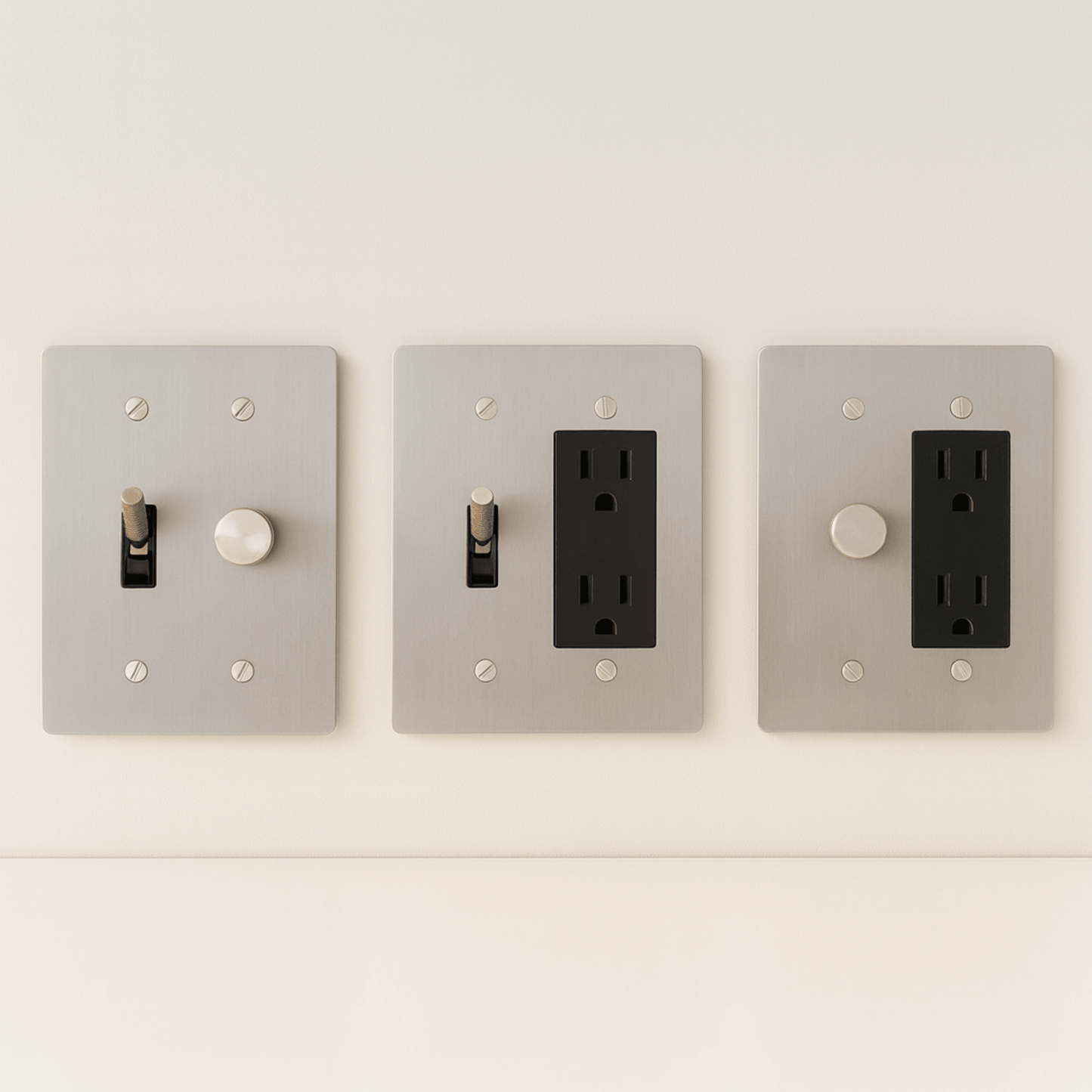 Three light switch and outlet covers on a white wall.
