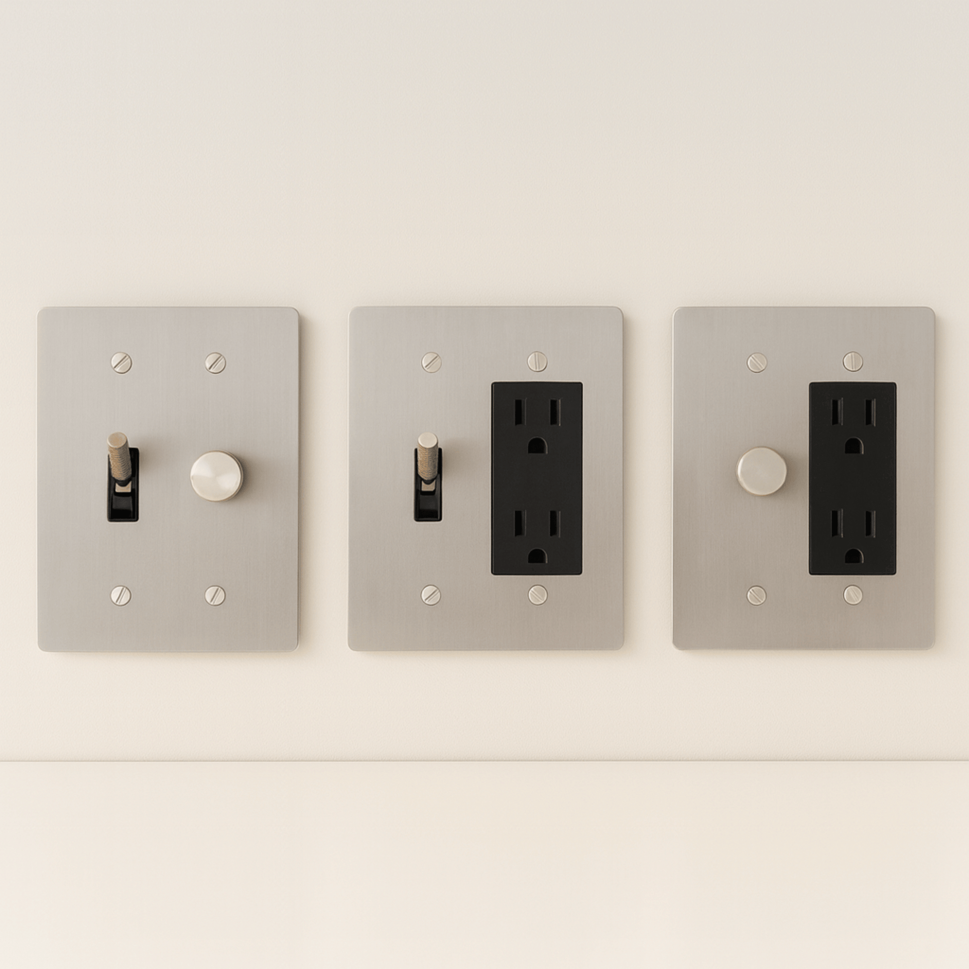 Three light switch and outlet covers on a white wall.