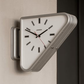 Triangular wall clock with metallic frame on a neutral background